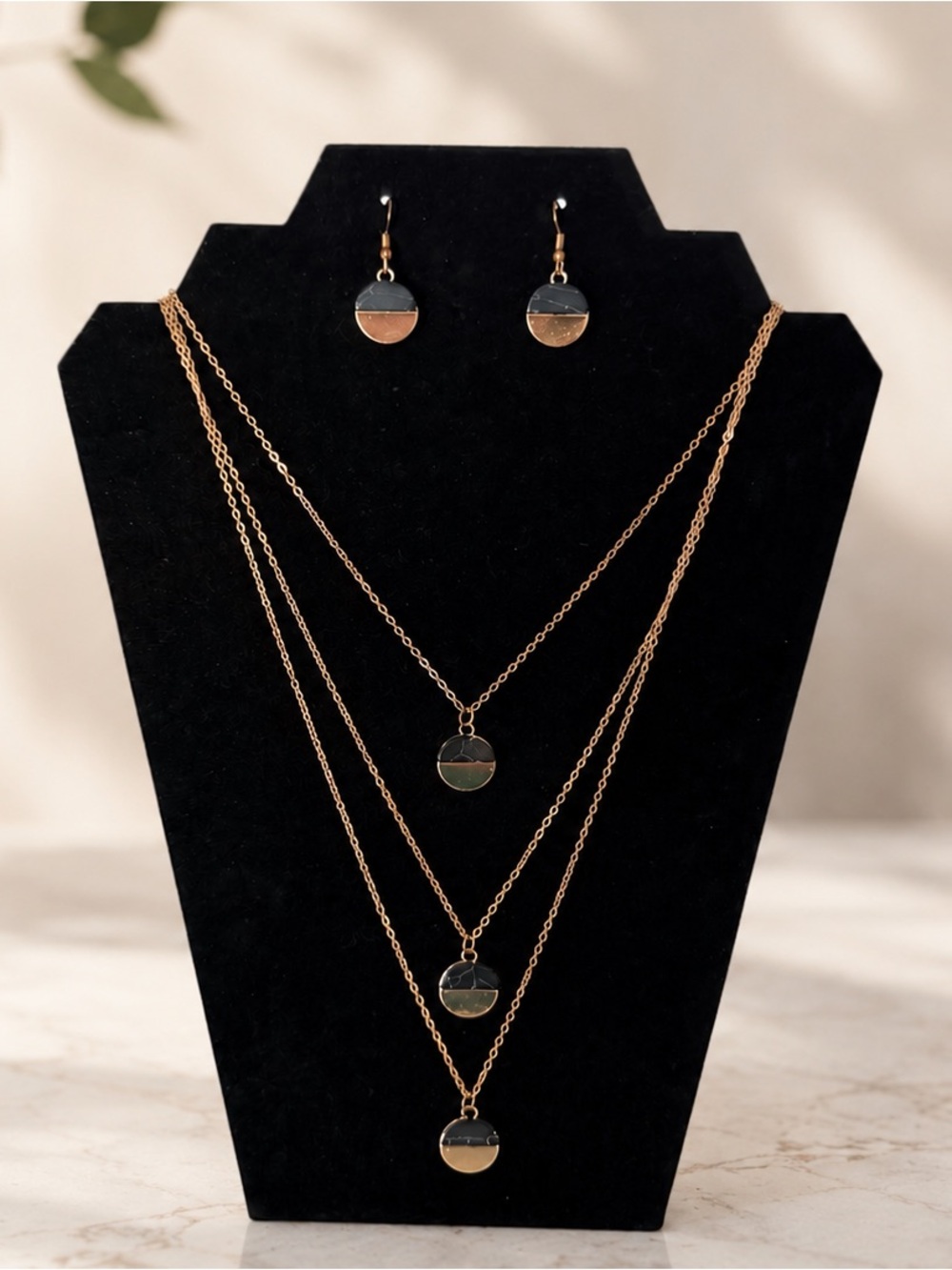 Layered Gold Tone Necklace & Matching Earrings Set | Black Marble Look